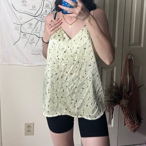 Something navy pale yellow tank silk black flowers xs